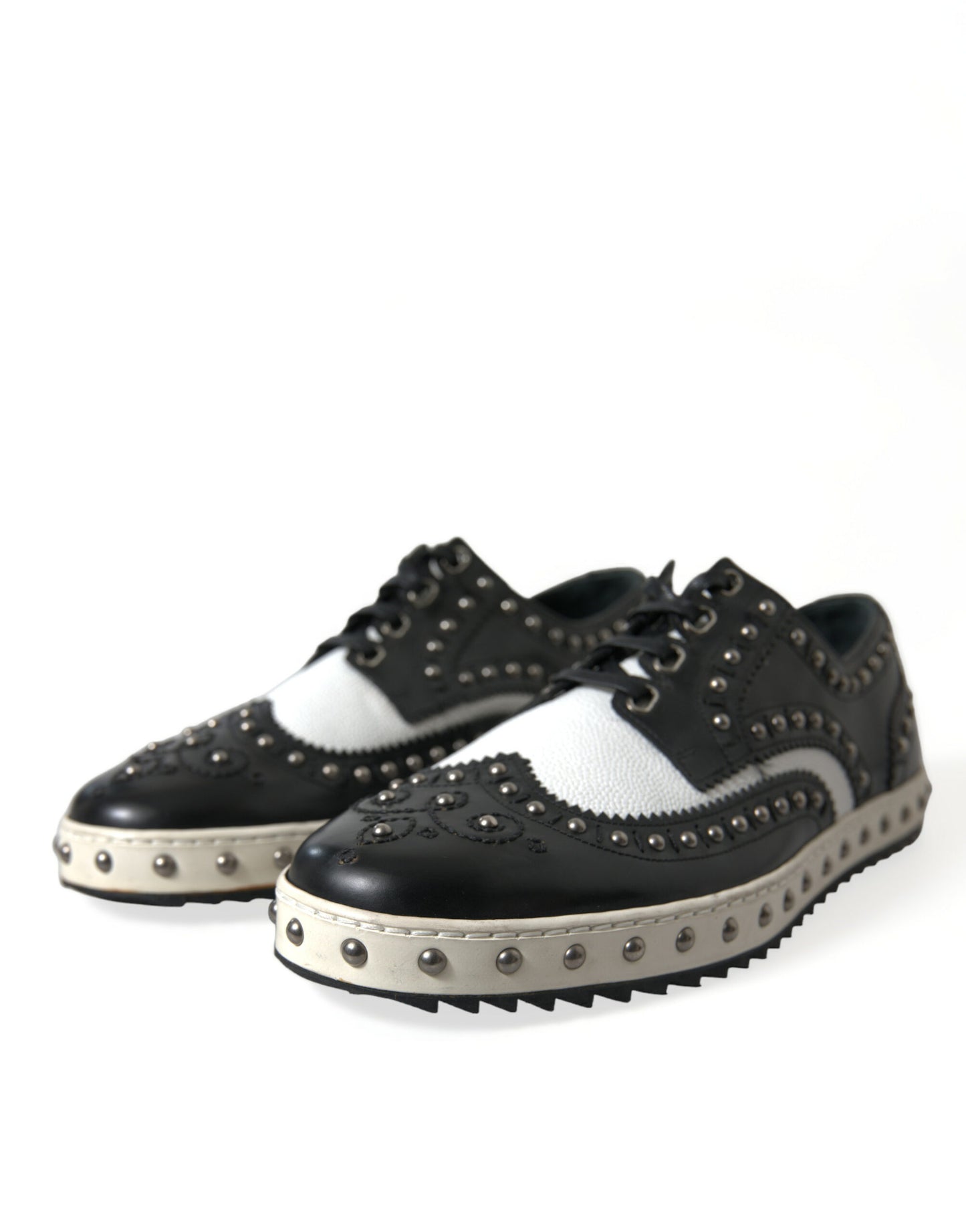 Dolce & Gabbana Black White Studded Leather Sneakers Shoes