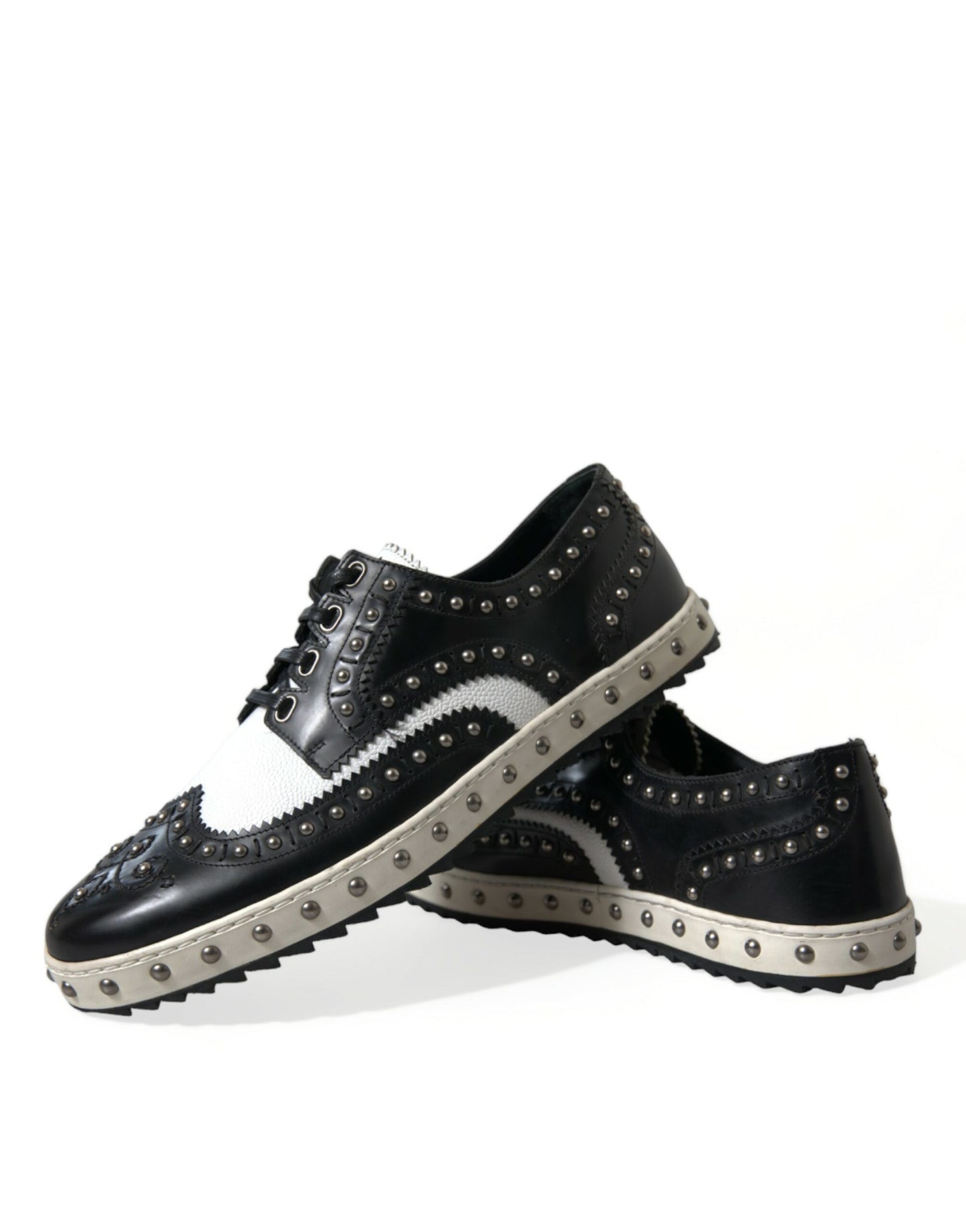 Dolce & Gabbana Black White Studded Leather Sneakers Shoes