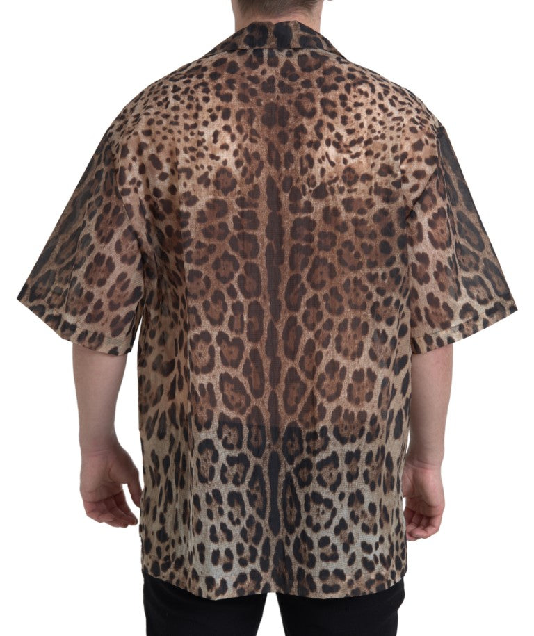 Dolce & Gabbana Brown Leopard Print Collared Men Top Shirt