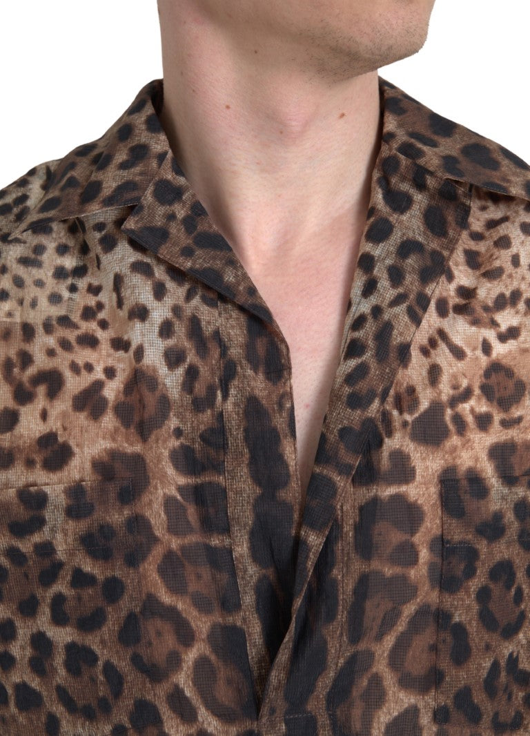 Dolce & Gabbana Brown Leopard Print Collared Men Top Shirt