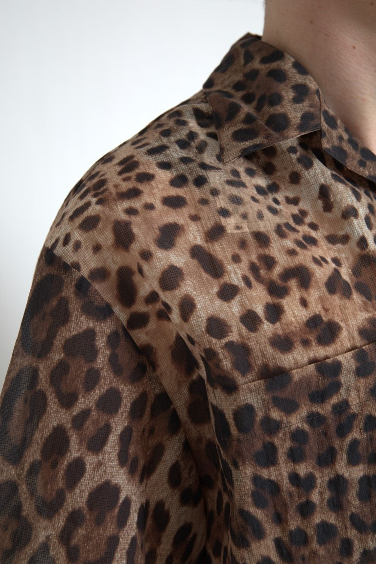 Dolce & Gabbana Brown Leopard Print Collared Men Top Shirt