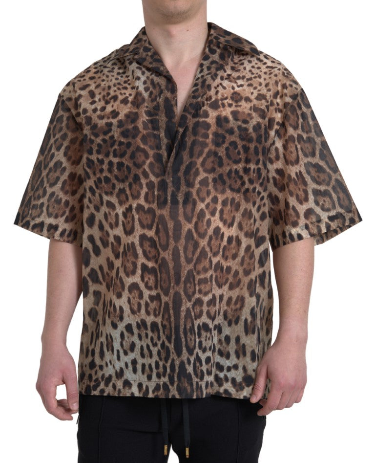 Dolce & Gabbana Brown Leopard Print Collared Men Top Shirt