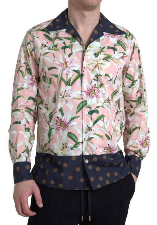 Dolce & Gabbana Cotton Polka Dot Lily Print Collared Shirt