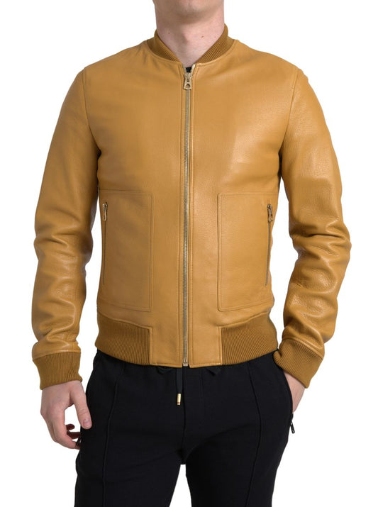 Dolce & Gabbana Yellow Leather Full Zip Bomber Men Jacket