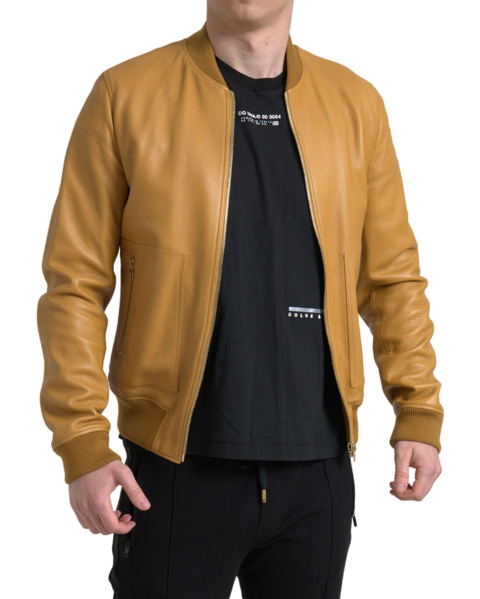 Dolce & Gabbana Yellow Leather Full Zip Bomber Men Jacket