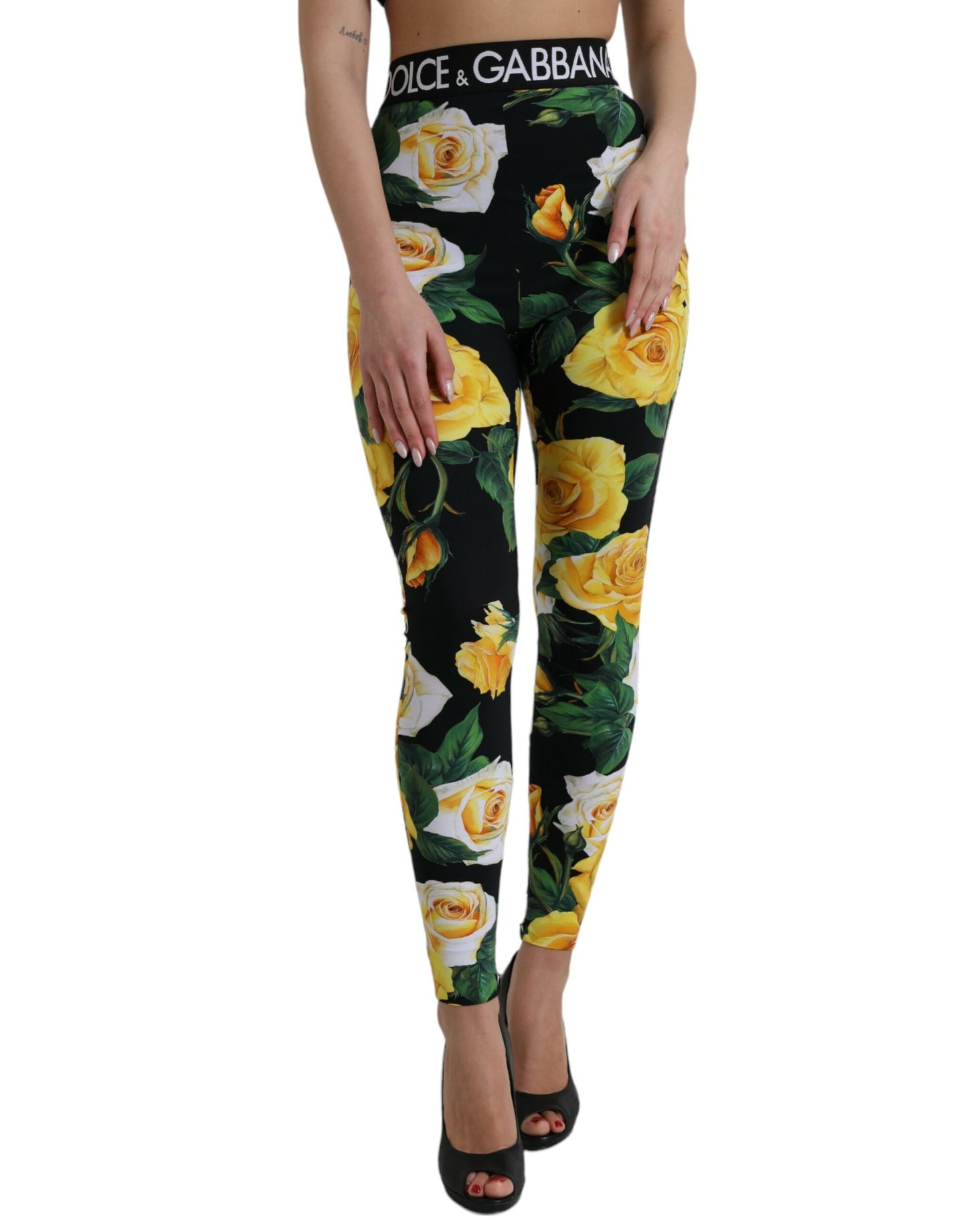 Dolce & Gabbana Black Floral Nylon High Waist Leggings Pants