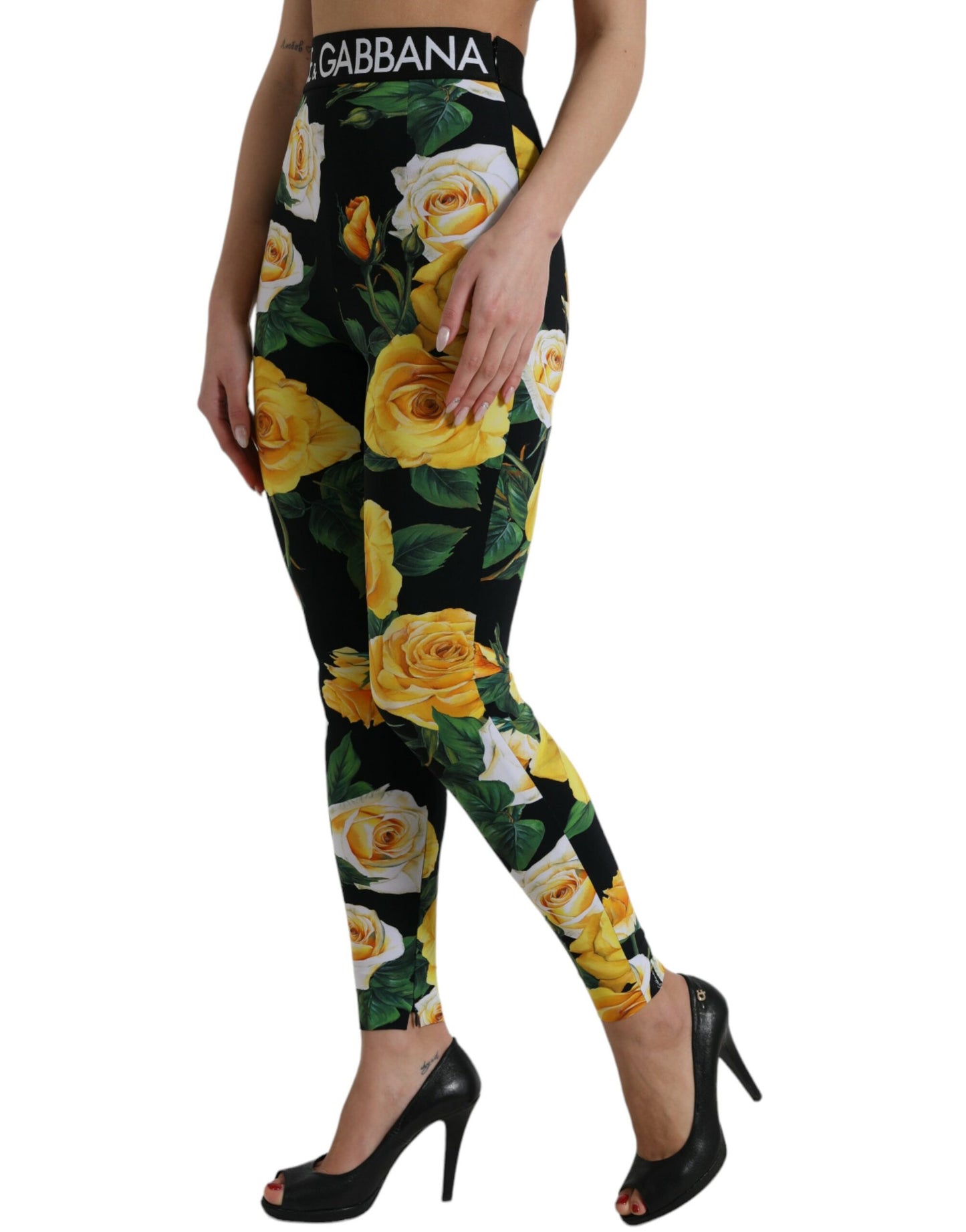 Dolce & Gabbana Black Floral Nylon High Waist Leggings Pants