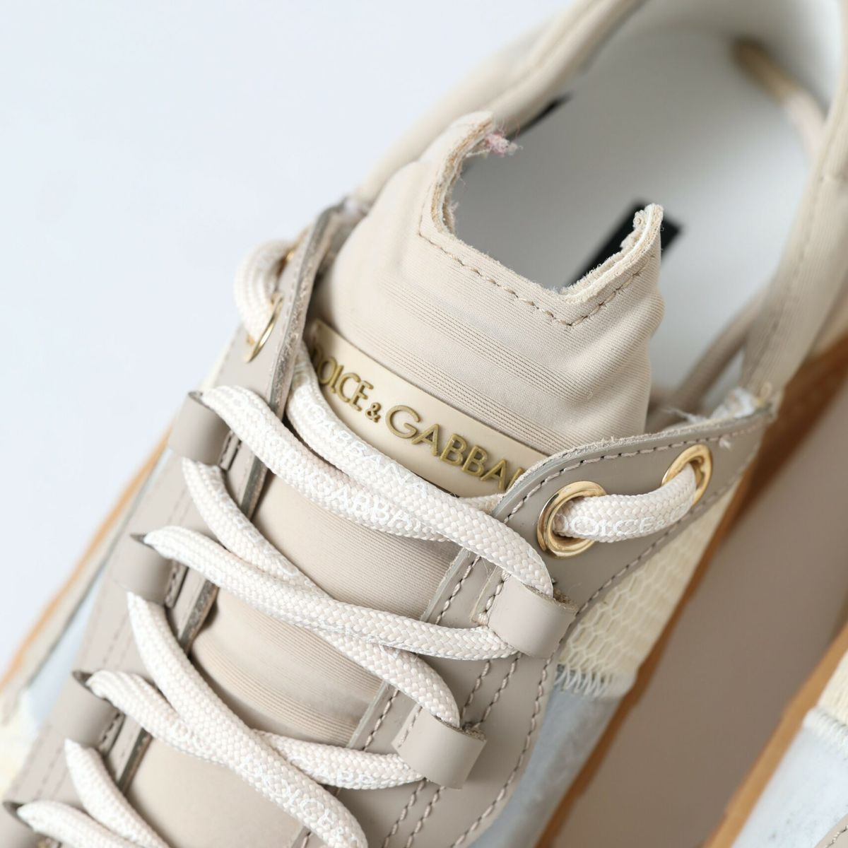 Dolce & Gabbana Beige Fabric Stretch Lace Up NS1 Sneakers