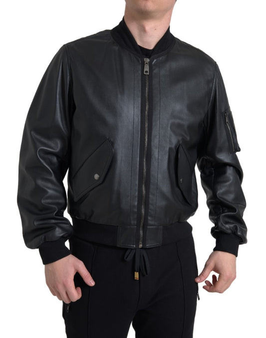 Dolce & Gabbana Elegant Black Leather Bomber Jacket