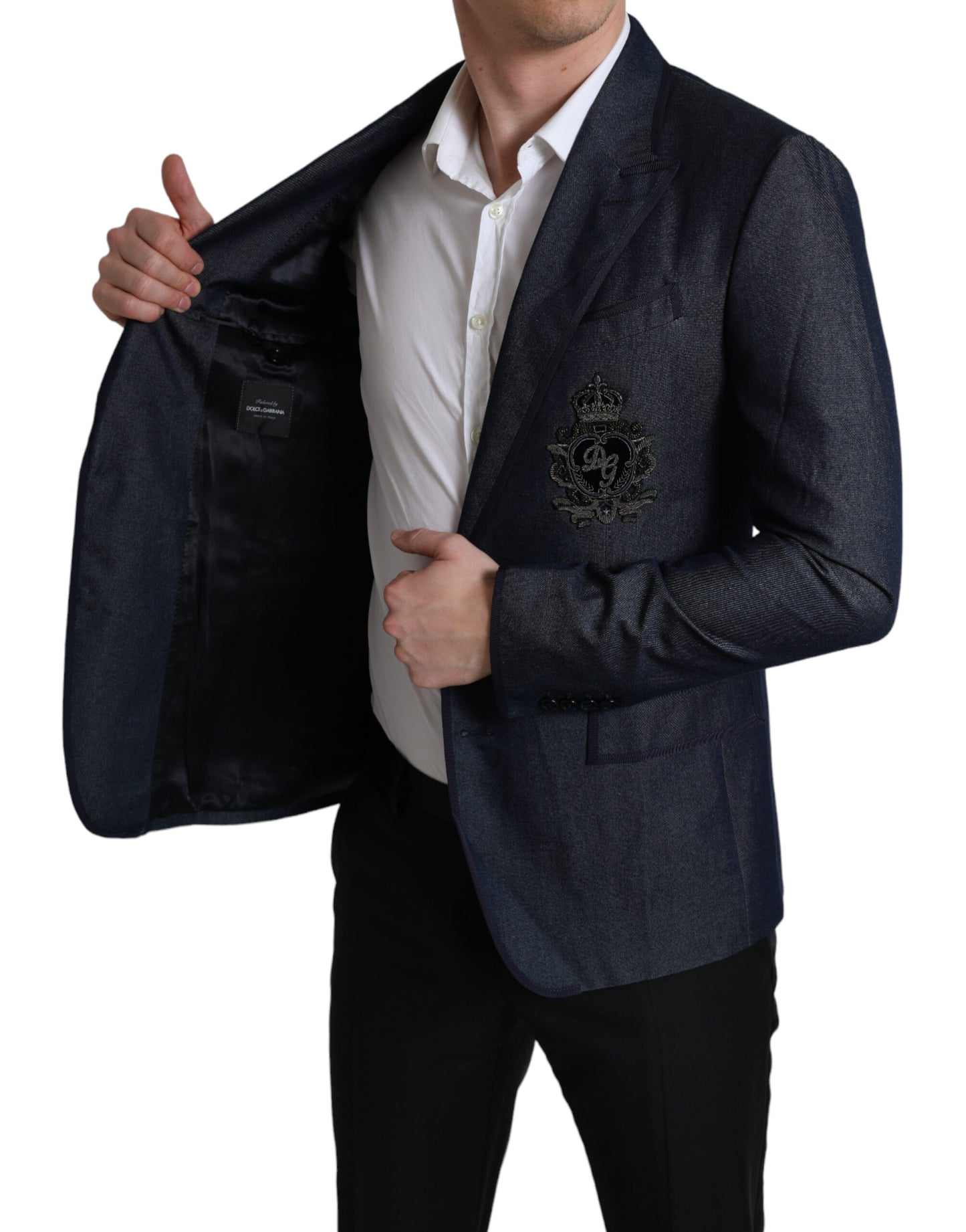 Dolce & Gabbana Blue Logo Embroidery Single Breasted Blazer