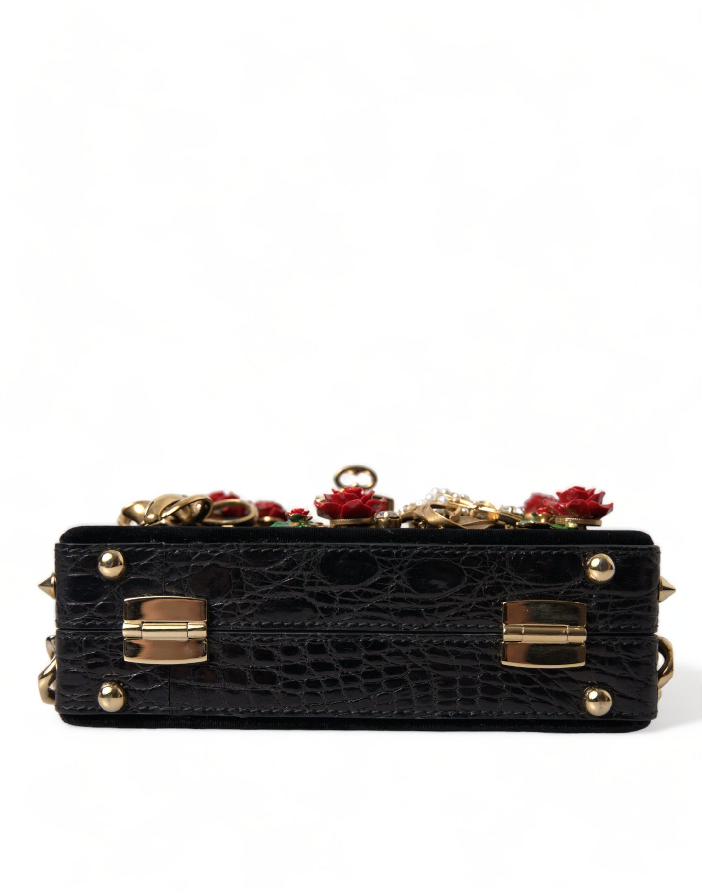 Dolce & Gabbana Black Floral Padlock Leather Crystal Velvet Clutch BOX Bag