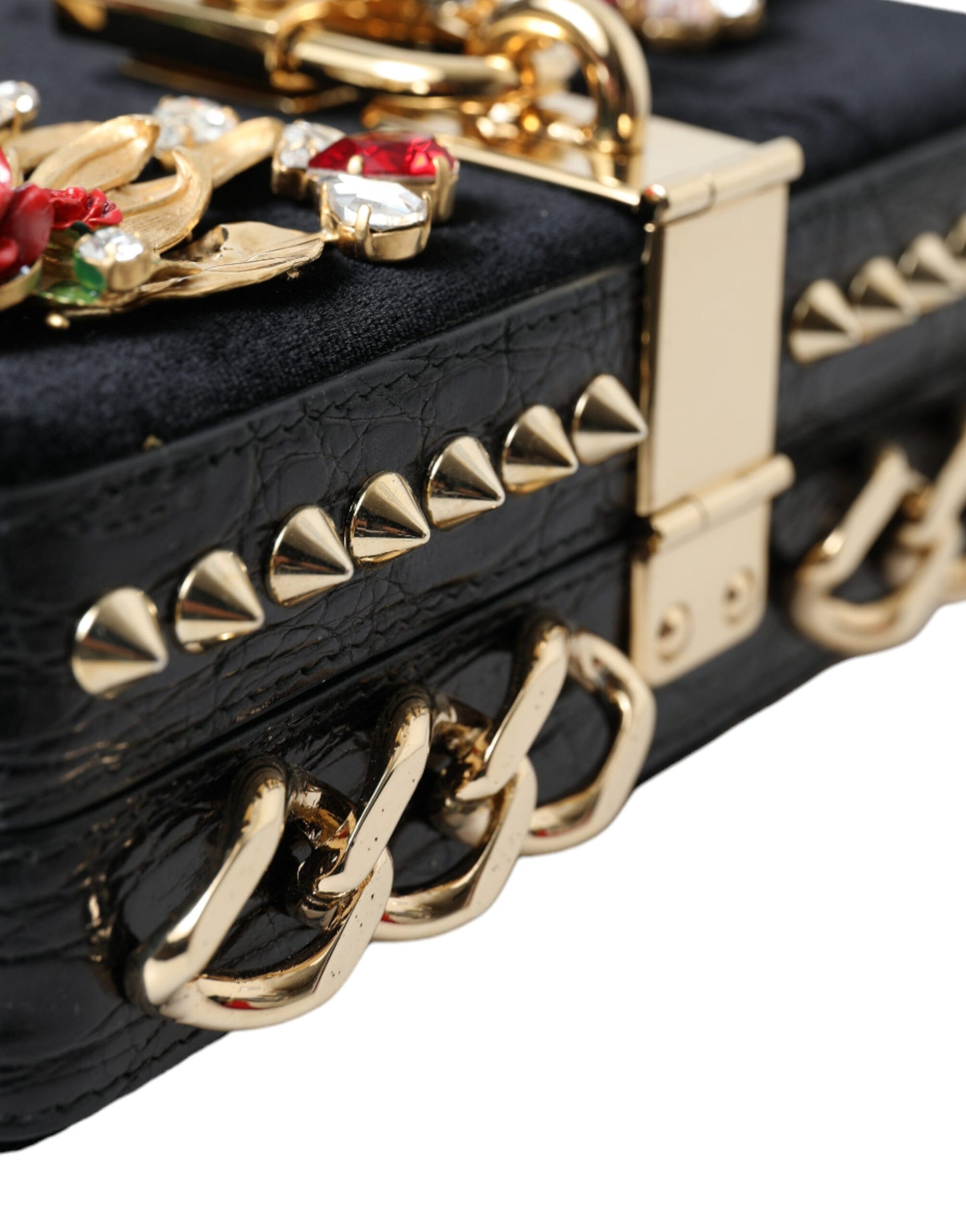 Dolce & Gabbana Black Floral Padlock Leather Crystal Velvet Clutch BOX Bag