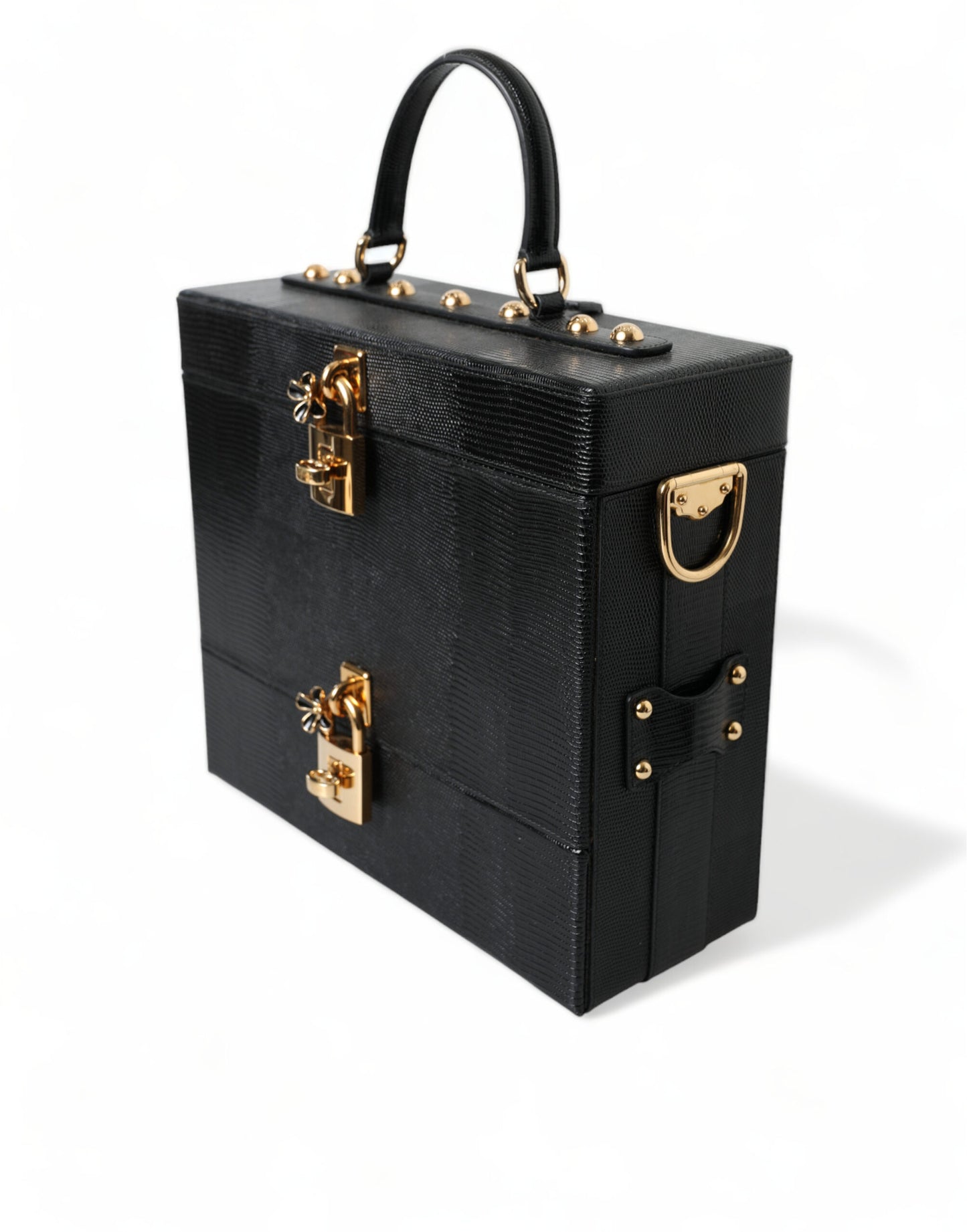 Dolce & Gabbana Black Iguana Leather Lock Box Shoulder Hand Luggage Bag