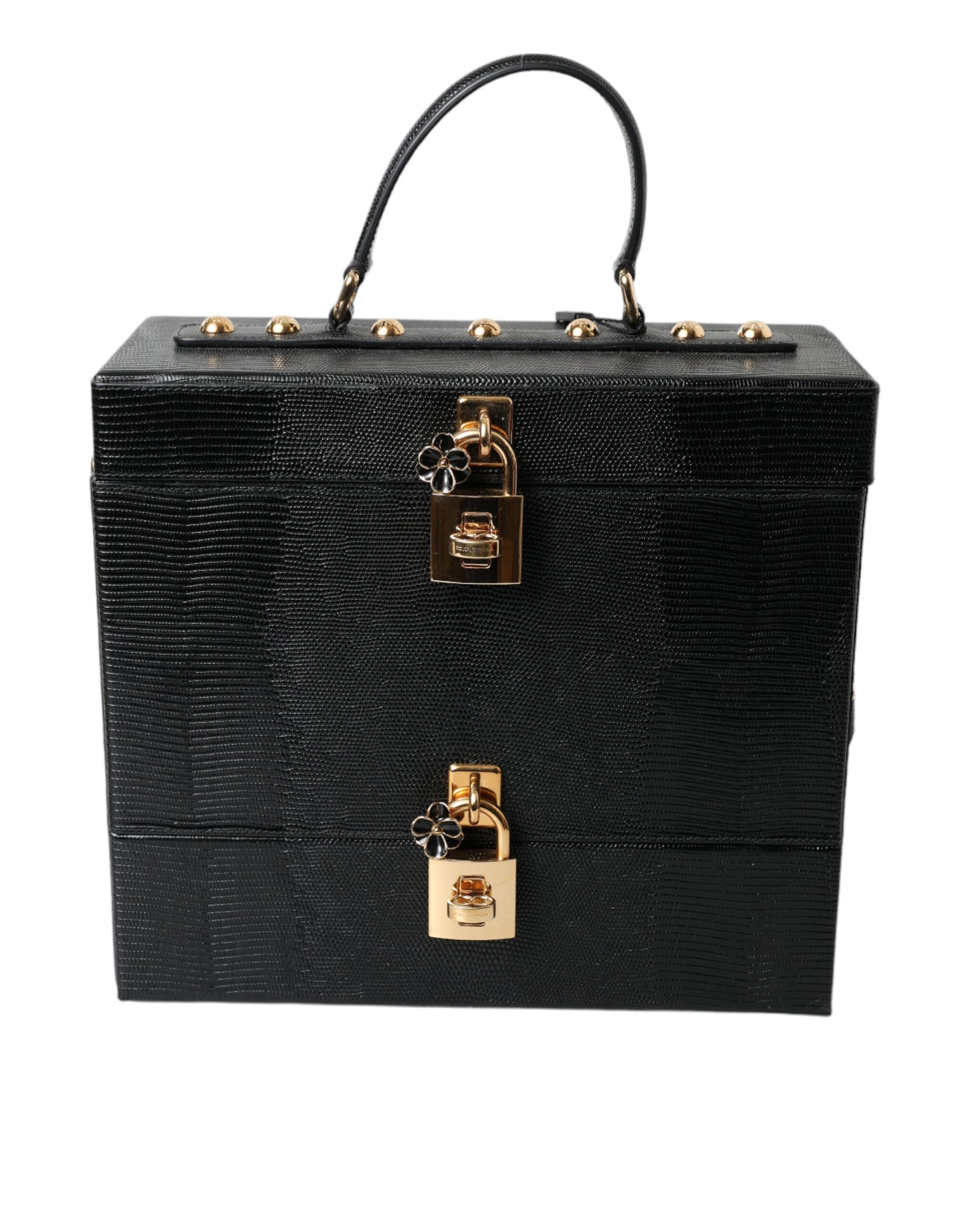 Dolce & Gabbana Black Iguana Leather Lock Box Shoulder Hand Luggage Bag