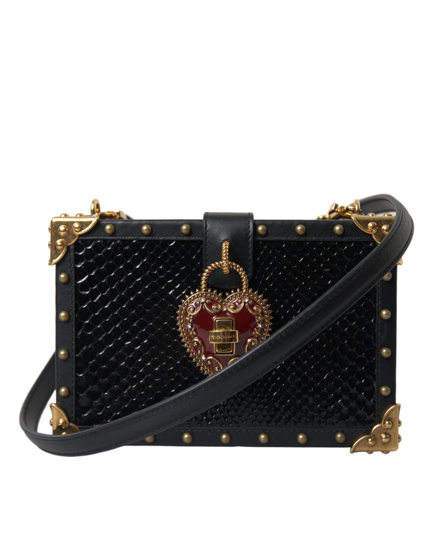 Dolce & Gabbana Black Snakeskin Leather Gold HEART Studs Box Shoulder Clutch Bag