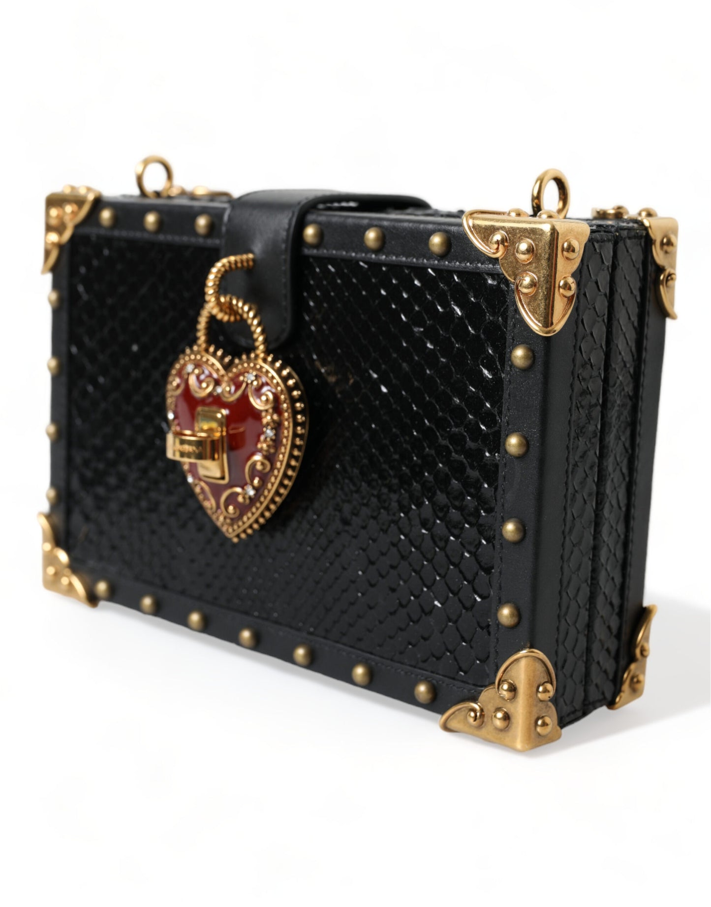 Dolce & Gabbana Black Snakeskin Leather Gold HEART Studs Box Shoulder Clutch Bag