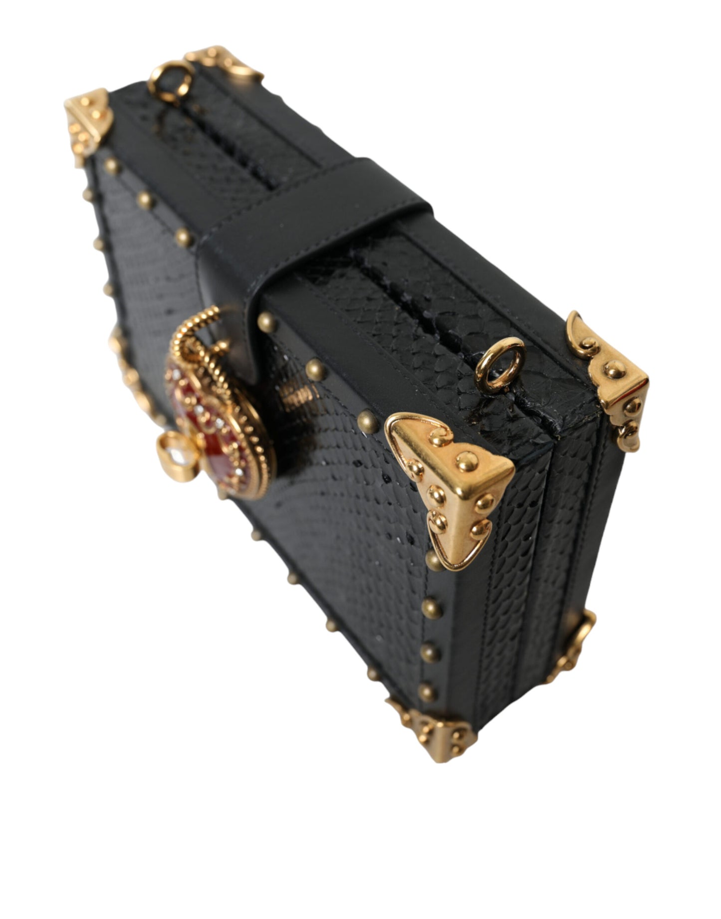 Dolce & Gabbana Black Snakeskin Leather Gold HEART Studs Box Shoulder Clutch Bag