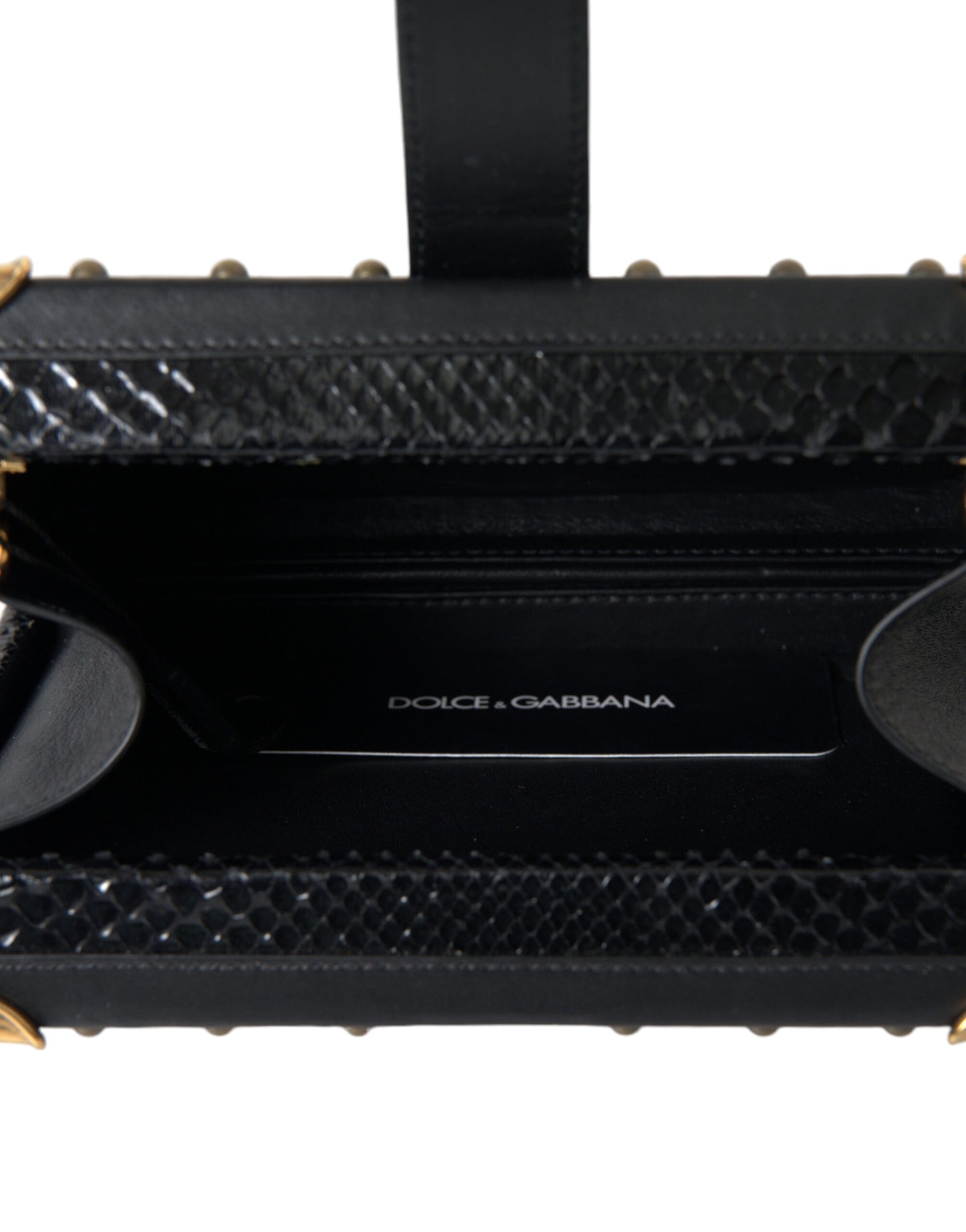 Dolce & Gabbana Black Snakeskin Leather Gold HEART Studs Box Shoulder Clutch Bag