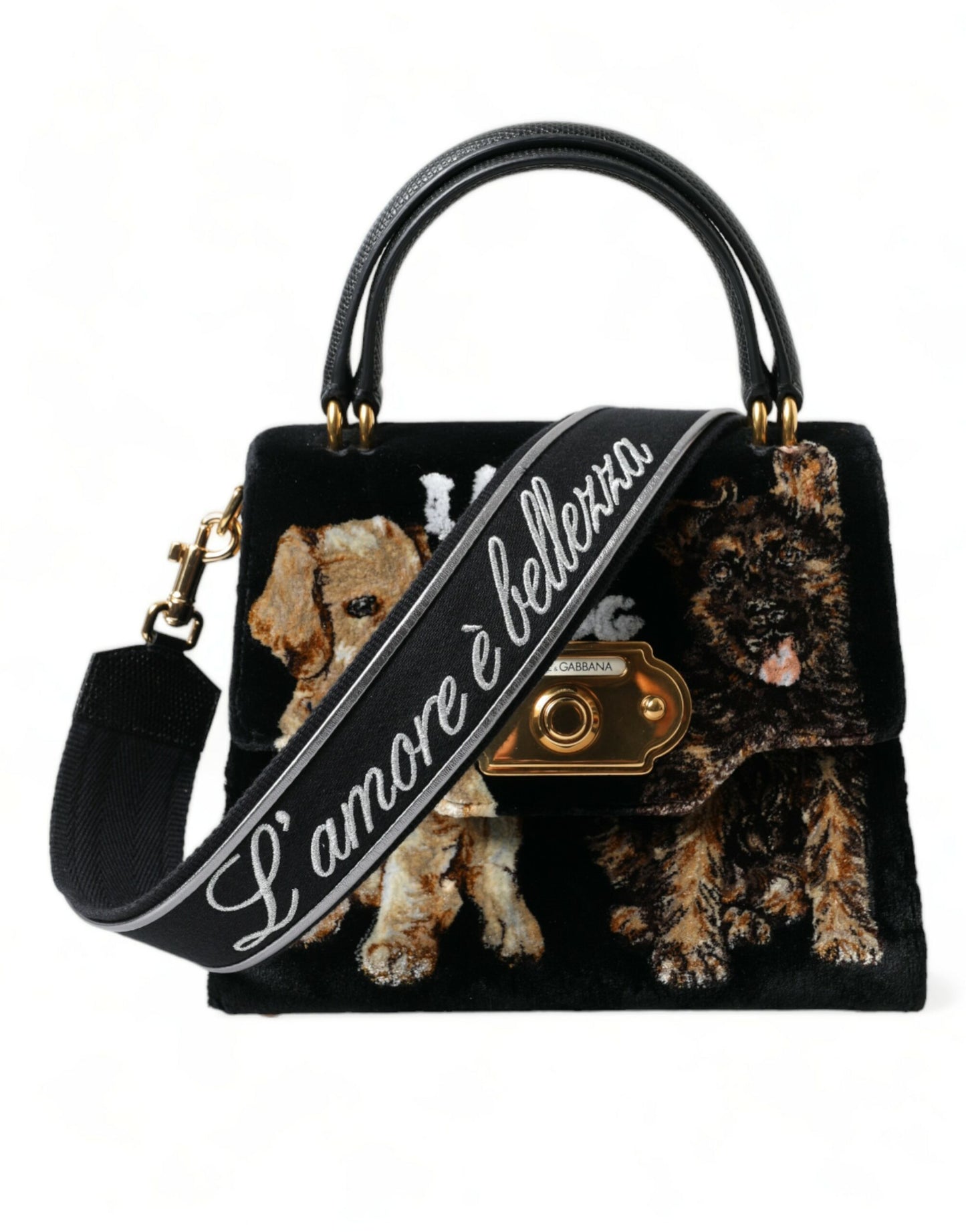 Dolce & Gabbana Elegant Velvet and Leather Dog Design Bag