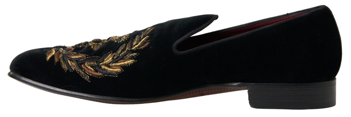 Dolce & Gabbana Elegant Black Velvet Gold-Accent Loafers