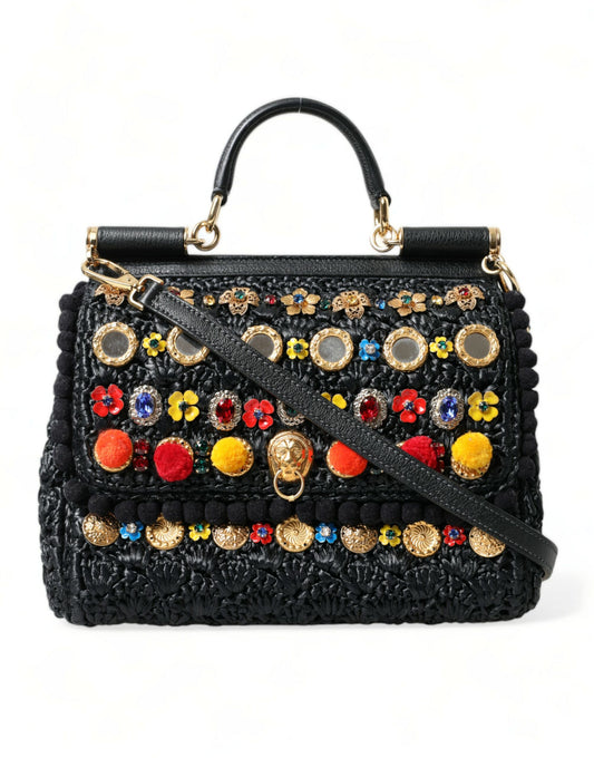 Dolce & Gabbana Elegant Black Embellished Raffia Crossbody Tote