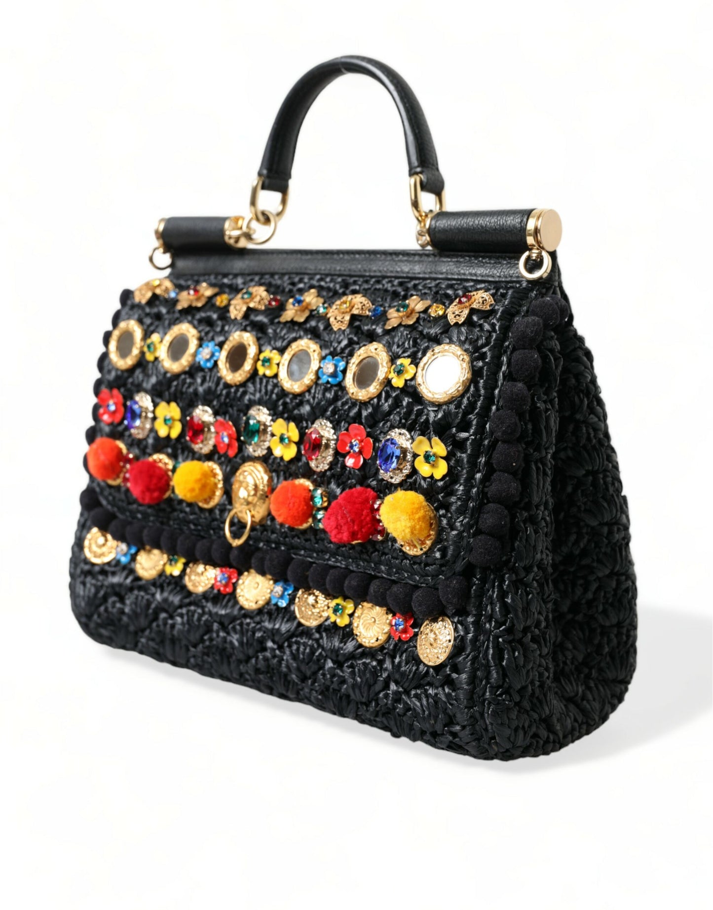 Dolce & Gabbana Elegant Black Embellished Raffia Crossbody Tote