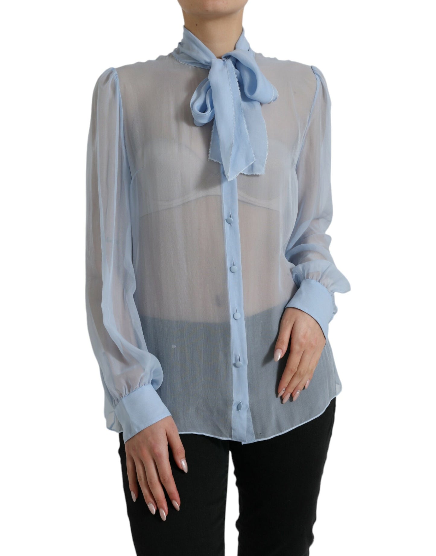 Dolce & Gabbana Blue Long Sleeves Ascot Collar Blouse Top