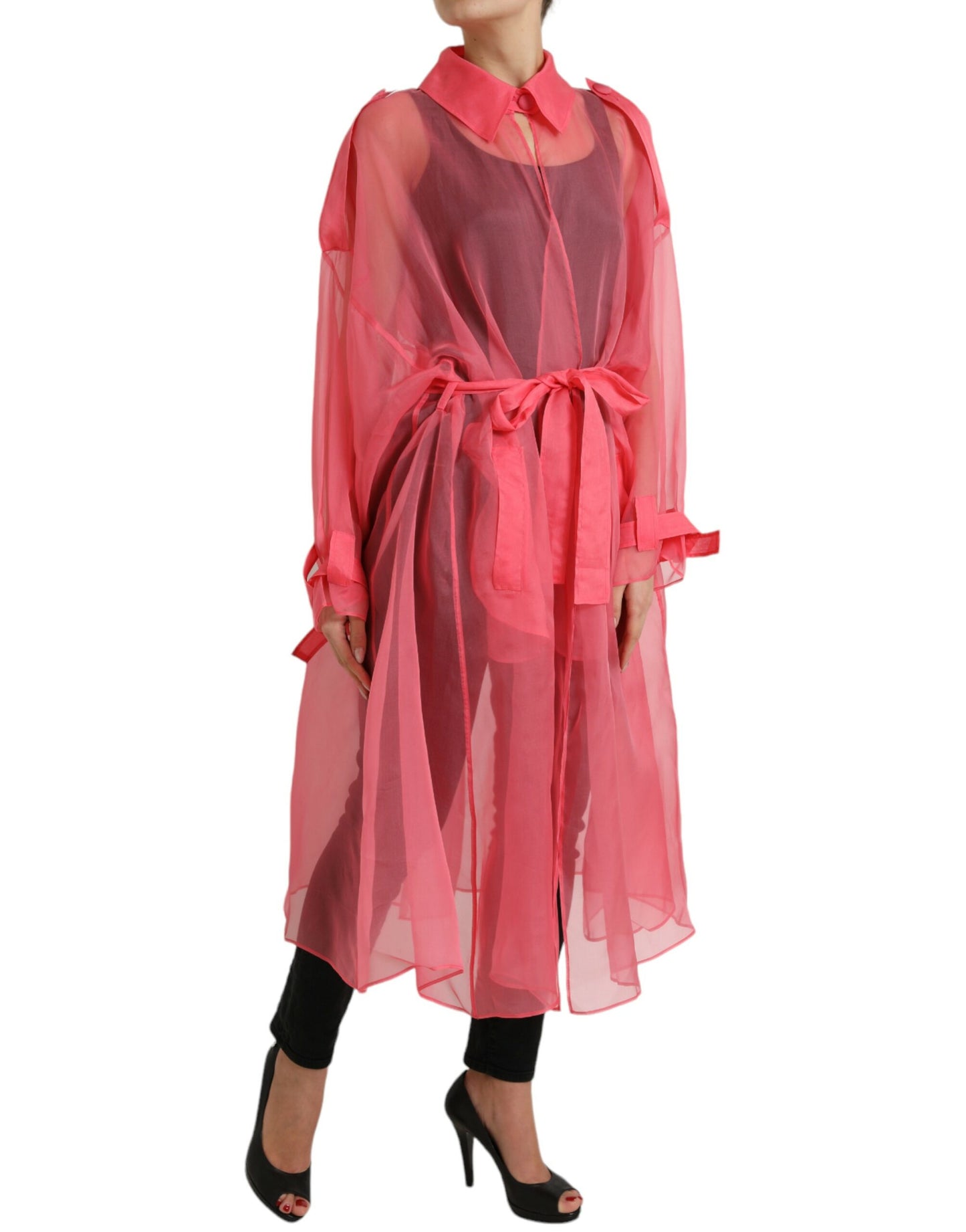 Dolce & Gabbana Pink Silk See Through Belted Long Coat Jacket