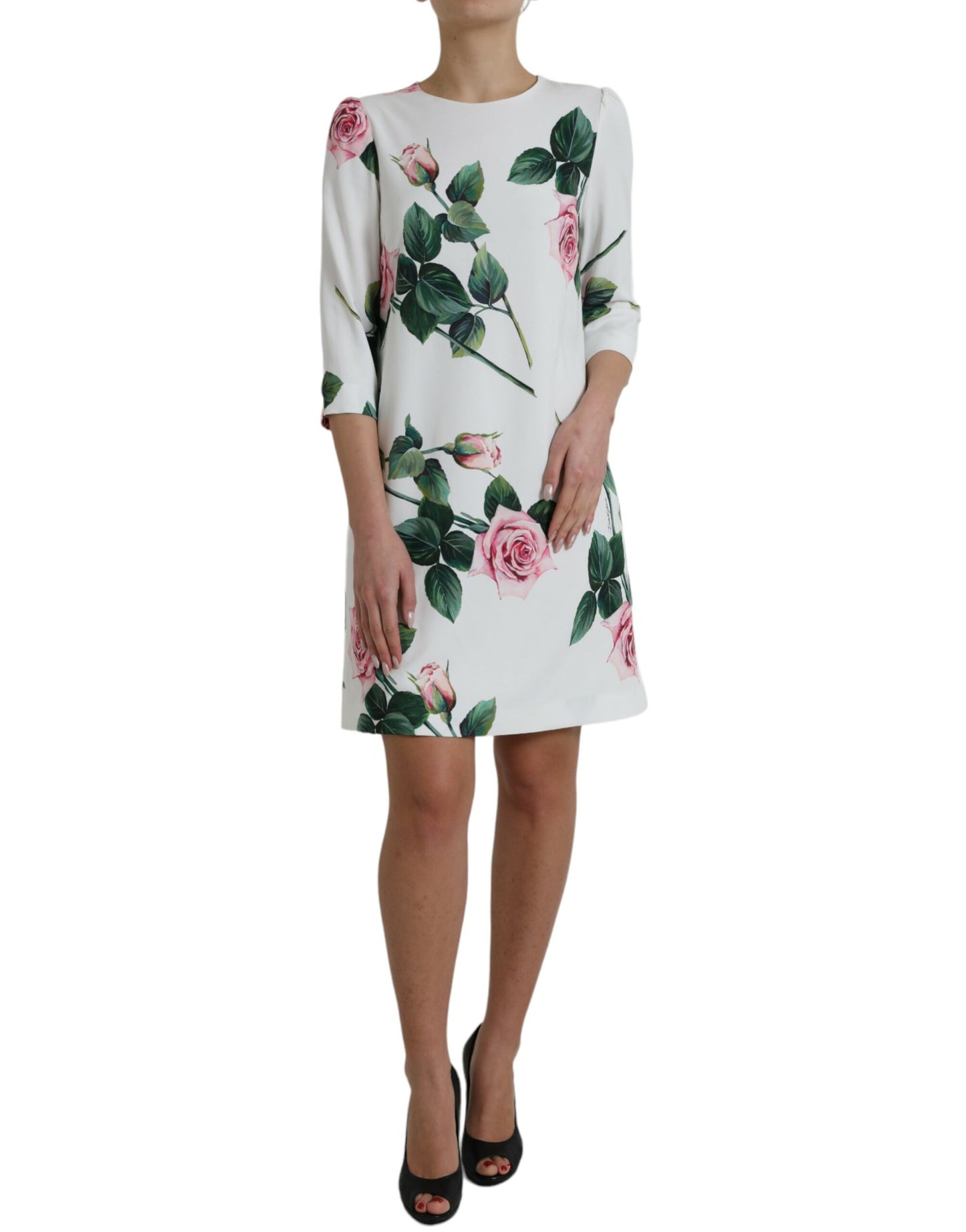 Dolce & Gabbana White Rose Print Viscose A-line Shift Dress