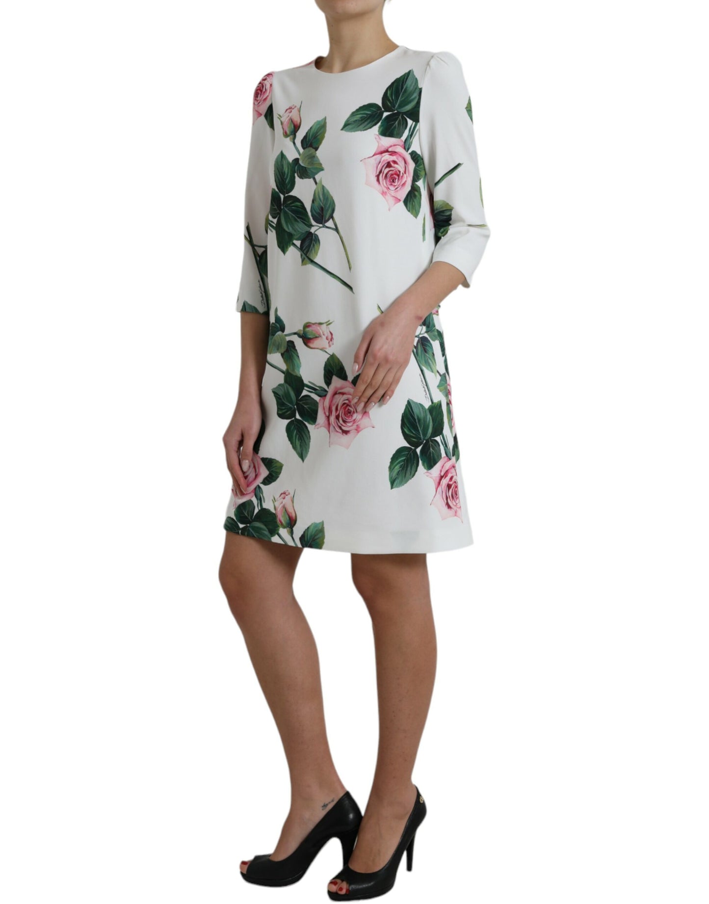 Dolce & Gabbana White Rose Print Viscose A-line Shift Dress