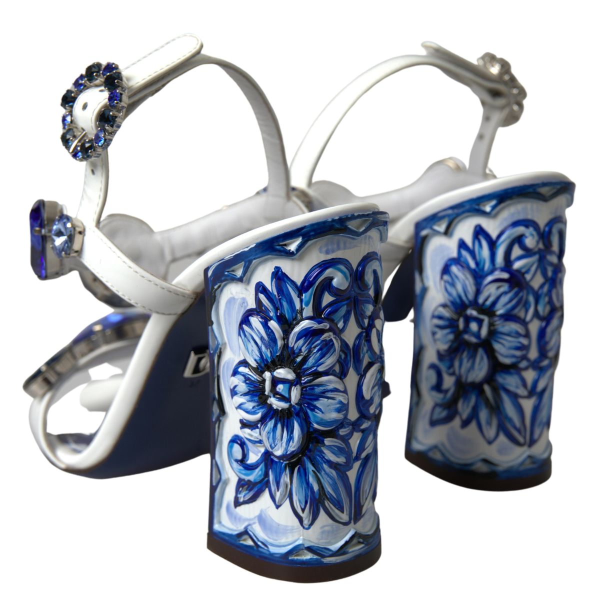 Dolce & Gabbana Elegant White & Blue Gemstone Embellished Sandals