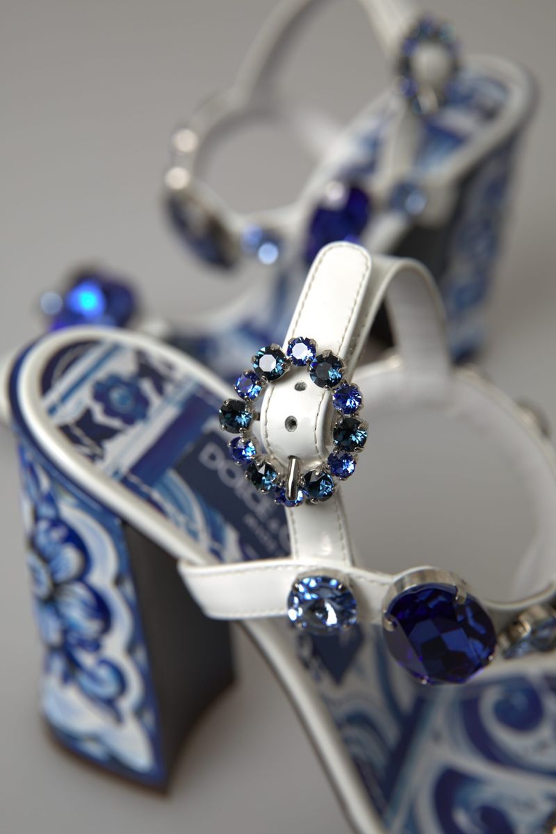 Dolce & Gabbana Elegant White & Blue Gemstone Embellished Sandals