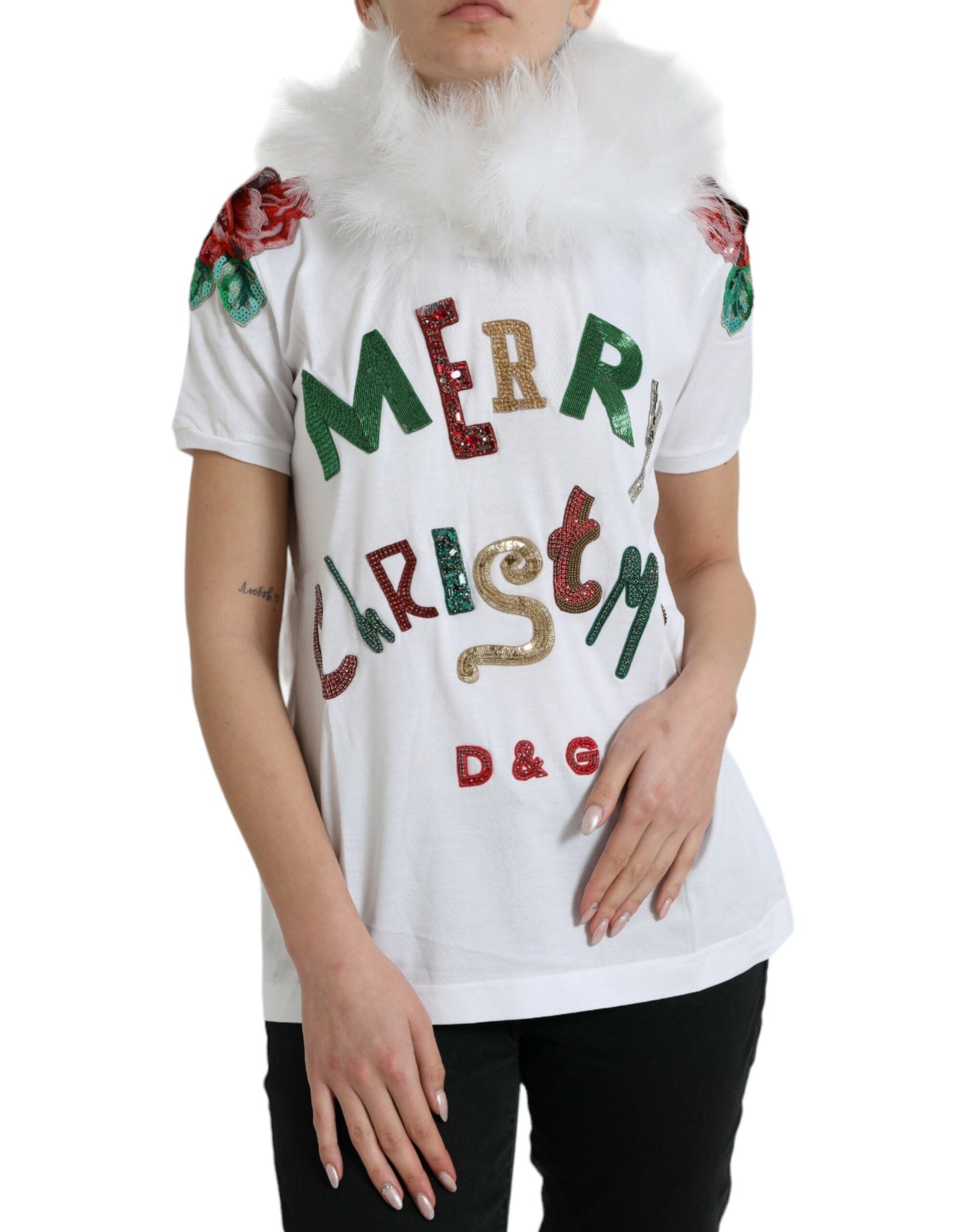 Dolce & Gabbana White Cotton Christmas Sequin Fur T-shirt