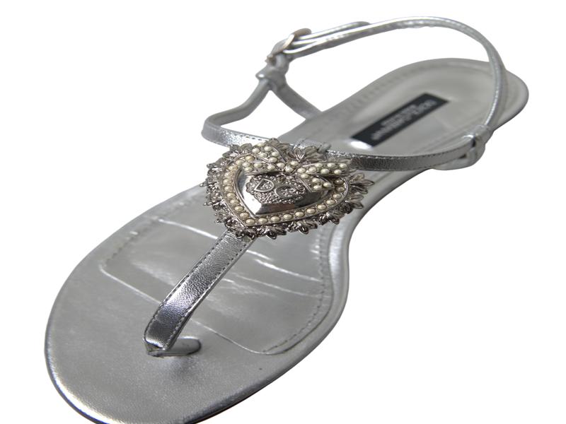 Dolce & Gabbana Elegant Silver Flat Sandals with Heart Detail