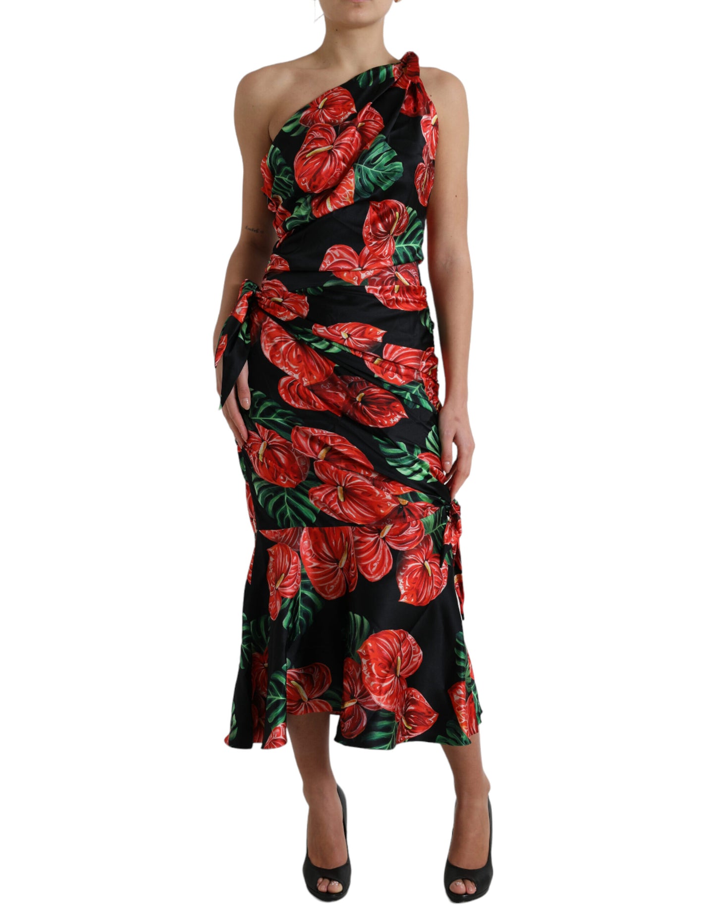 Dolce & Gabbana Black Shiny Silk Floral Print Draped Dress