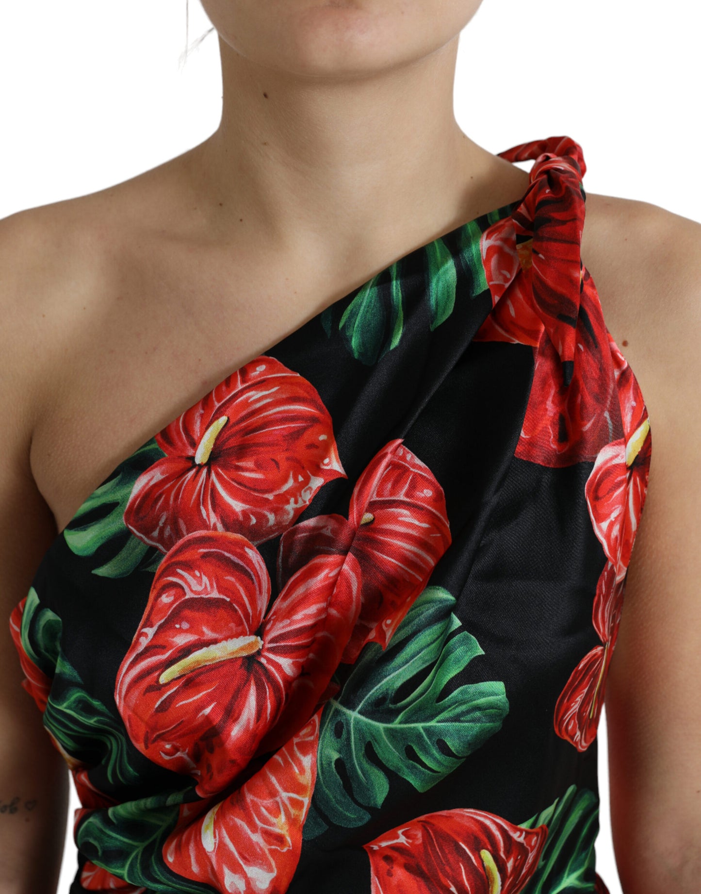 Dolce & Gabbana Black Shiny Silk Floral Print Draped Dress