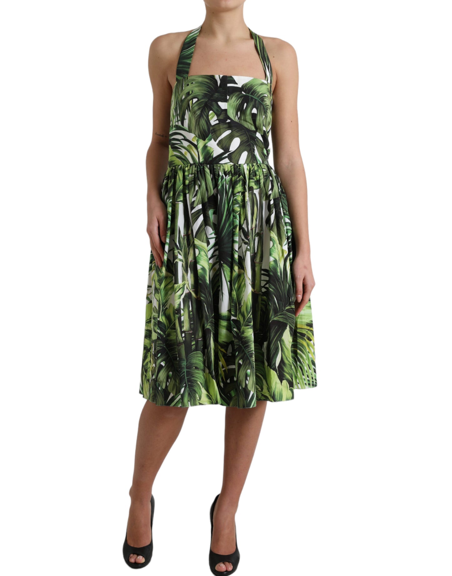 Dolce & Gabbana Green Leaf Print Cotton Halter Midi Dress