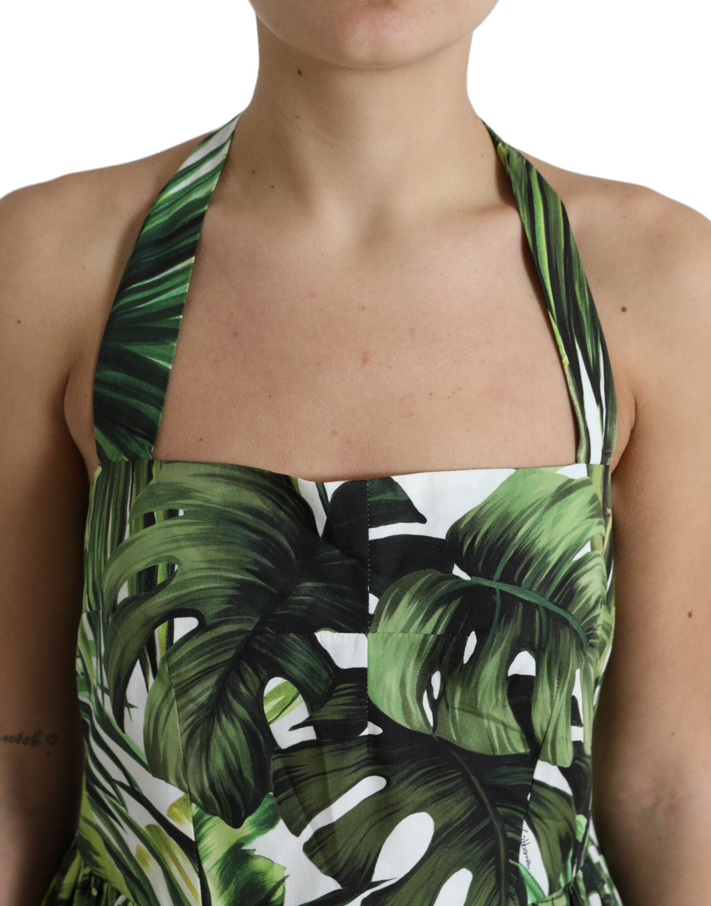 Dolce & Gabbana Green Leaf Print Cotton Halter Midi Dress