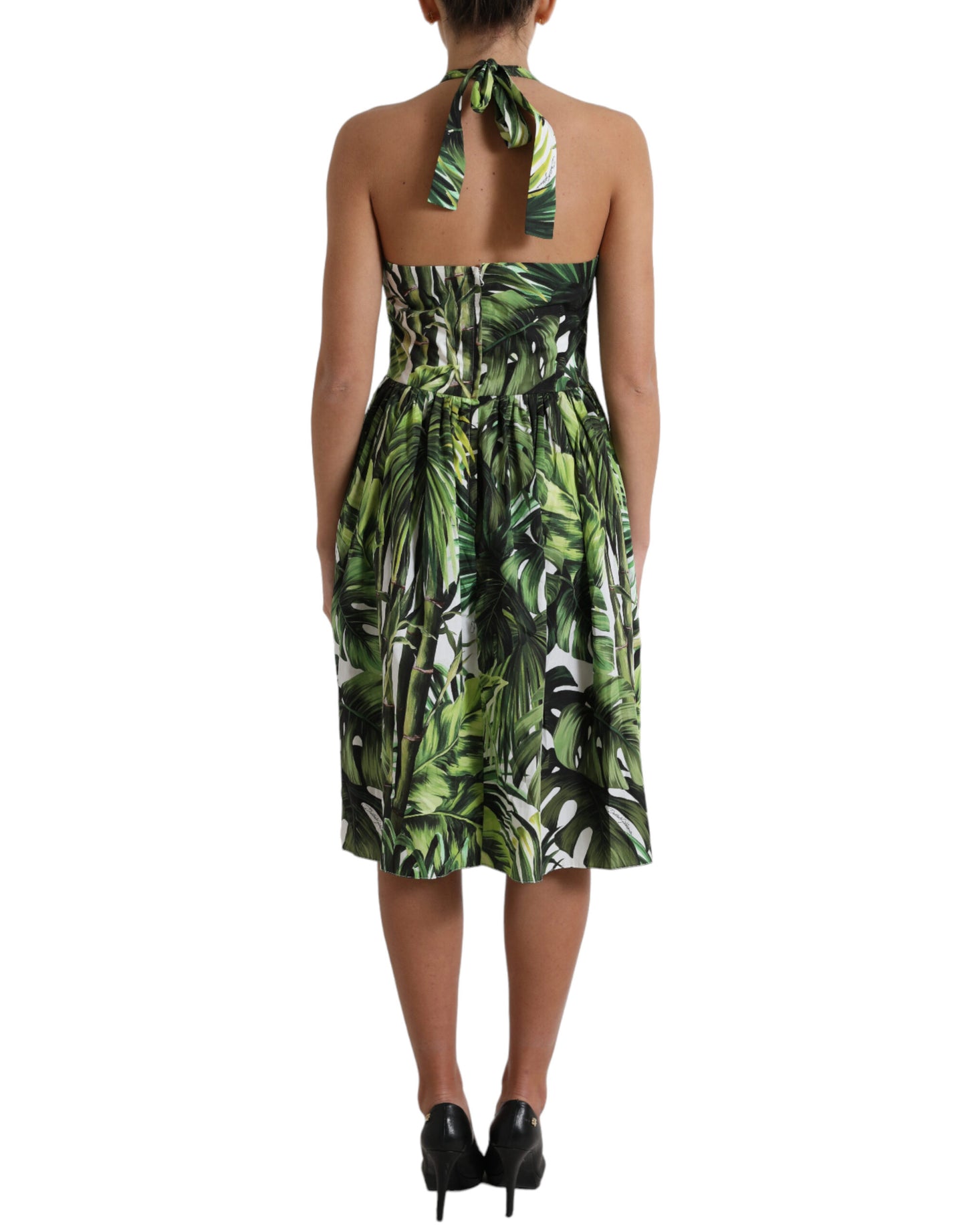 Dolce & Gabbana Green Leaf Print Cotton Halter Midi Dress