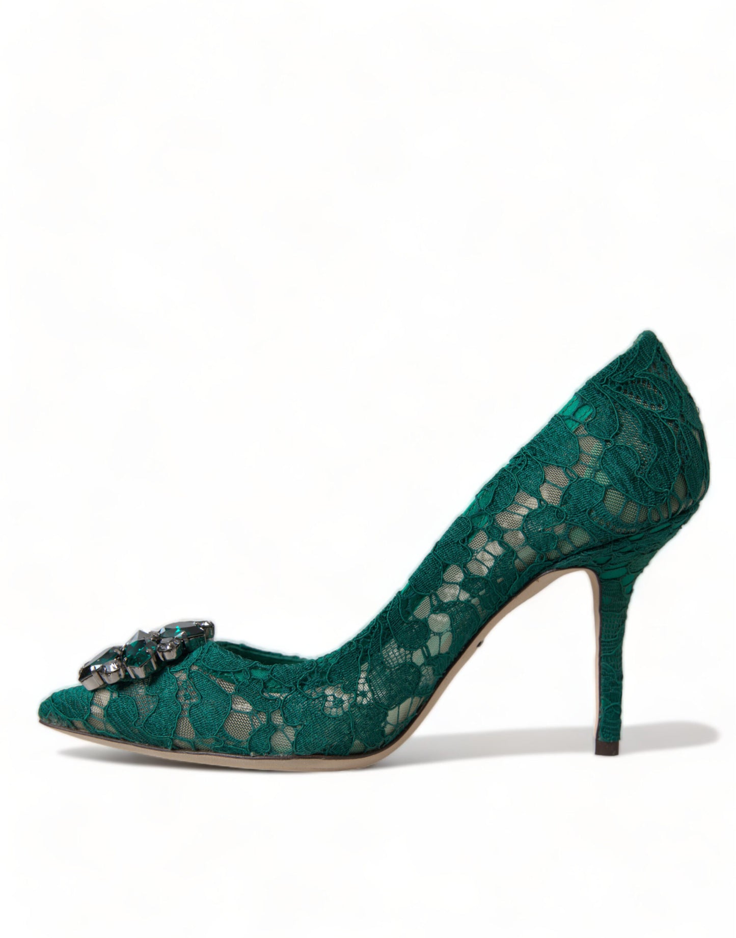 Dolce & Gabbana Elegant Green Crystal-Embellished Lace Heels