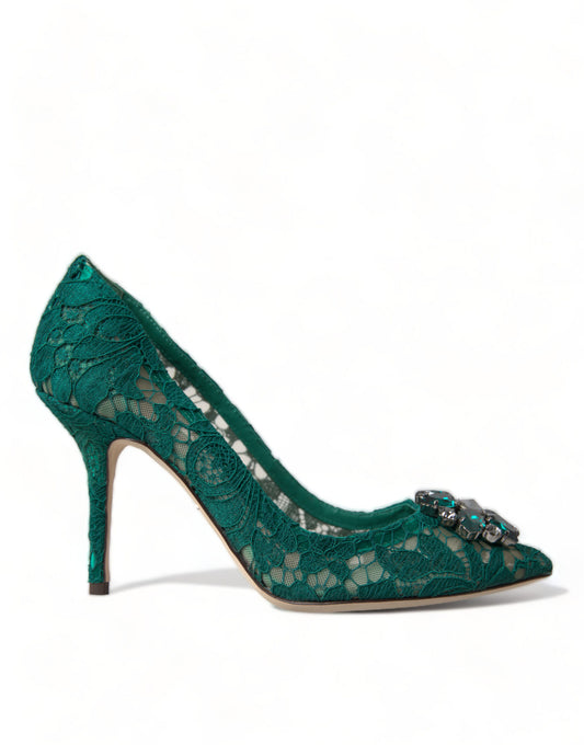 Dolce & Gabbana Elegant Green Crystal-Embellished Lace Heels