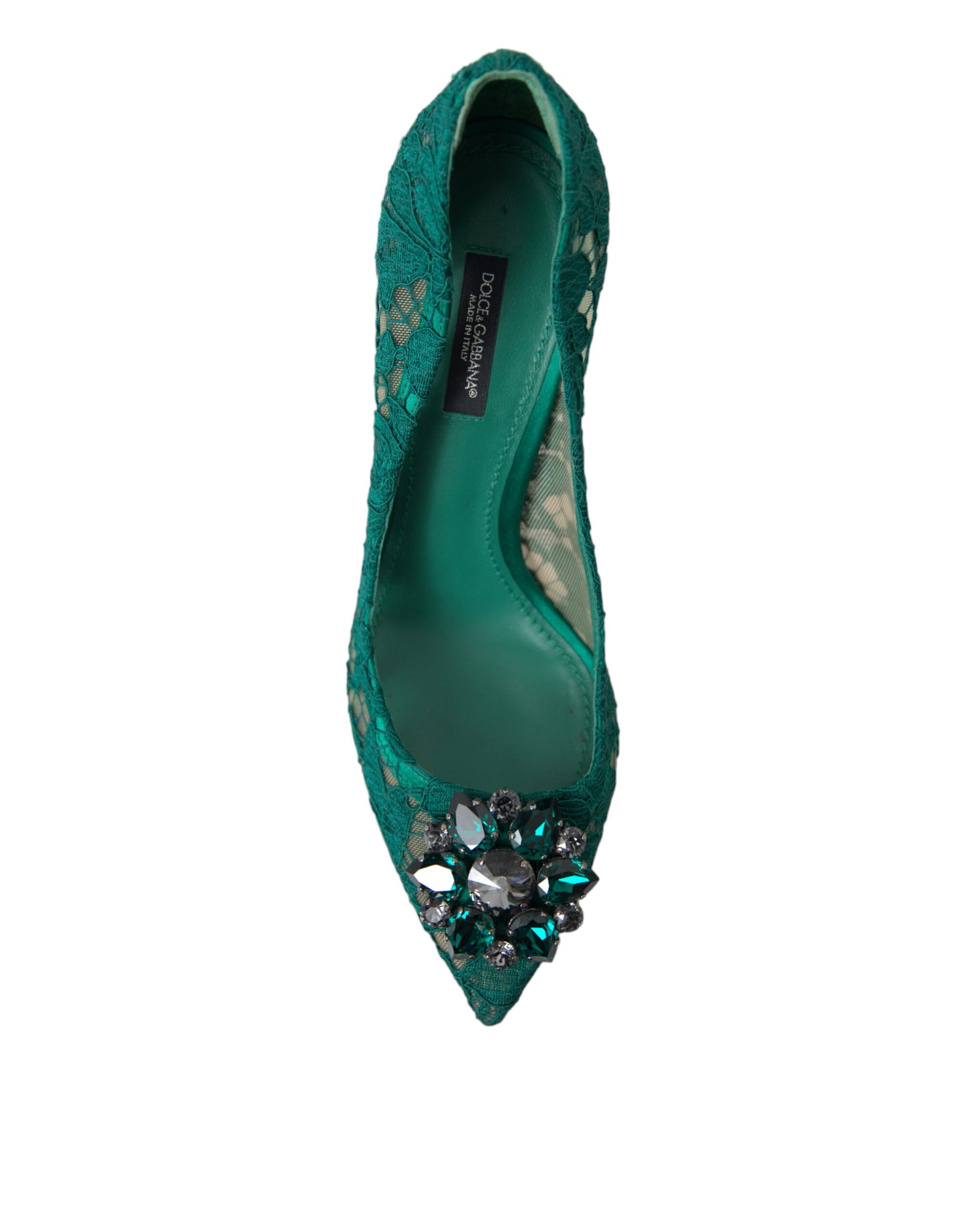 Dolce & Gabbana Elegant Green Crystal-Embellished Lace Heels