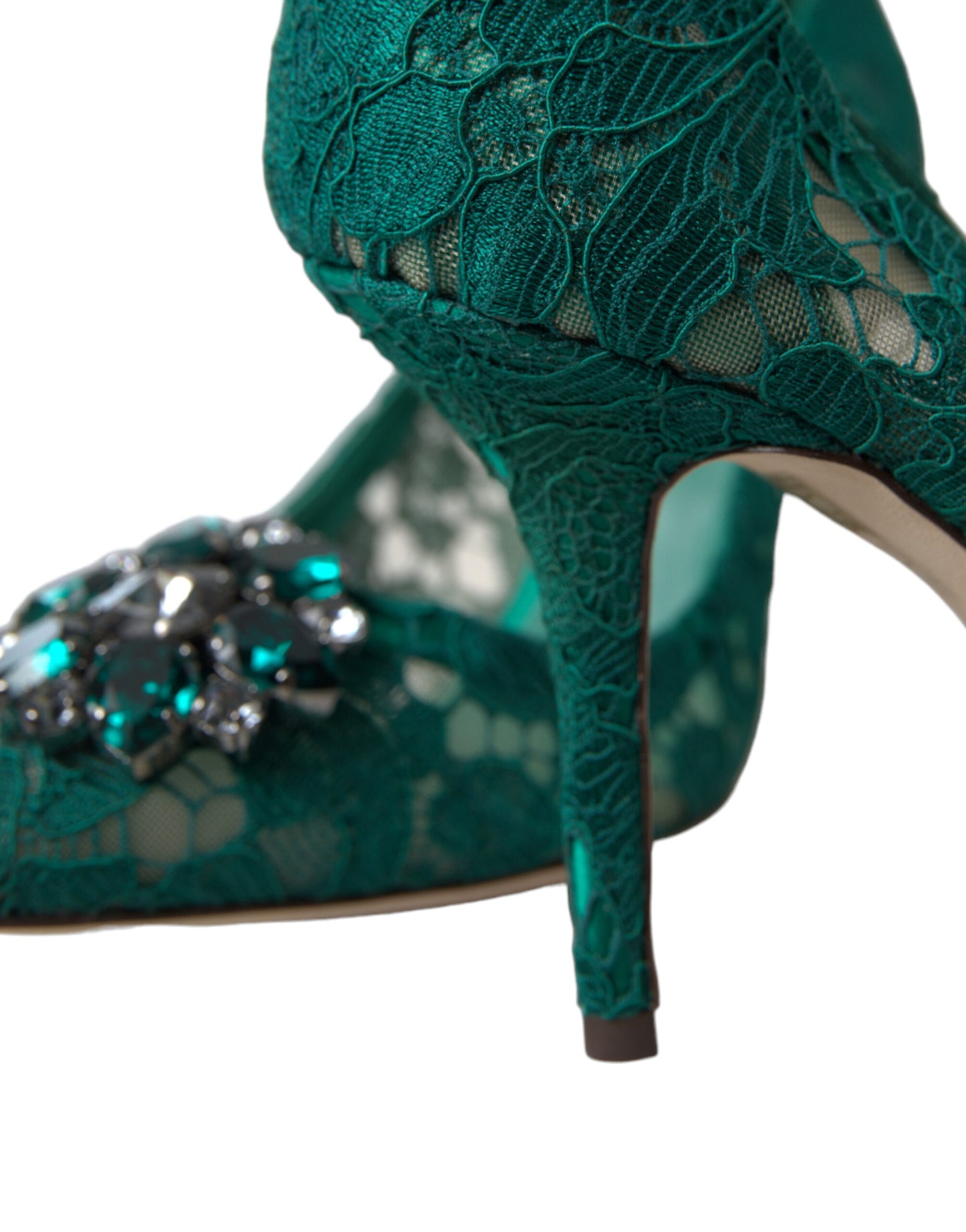 Dolce & Gabbana Elegant Green Crystal-Embellished Lace Heels