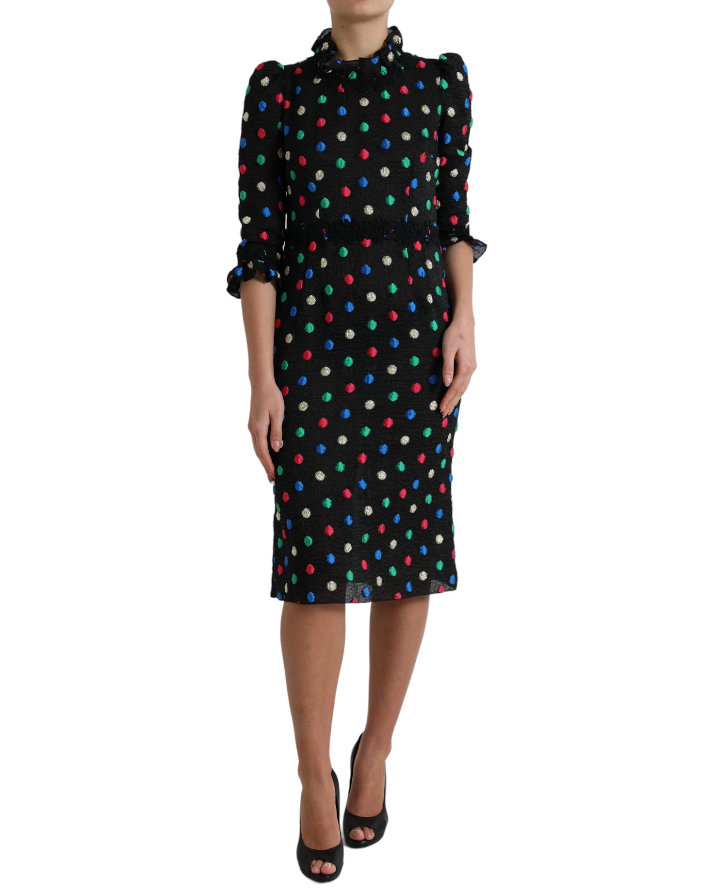 Dolce & Gabbana Black Polka Dot Ruffle Cotton Midi Dress