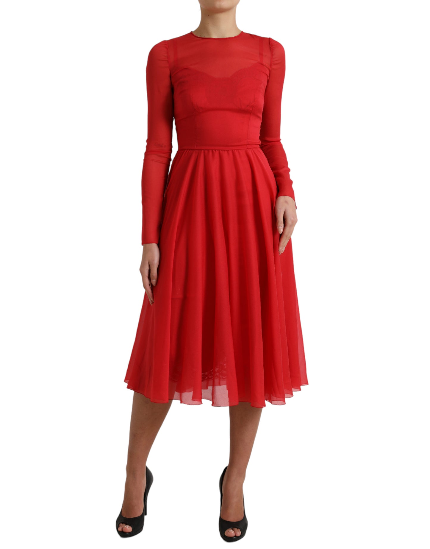 Dolce & Gabbana Red Silk Pleated Aline Long Sleeve Midi Dress