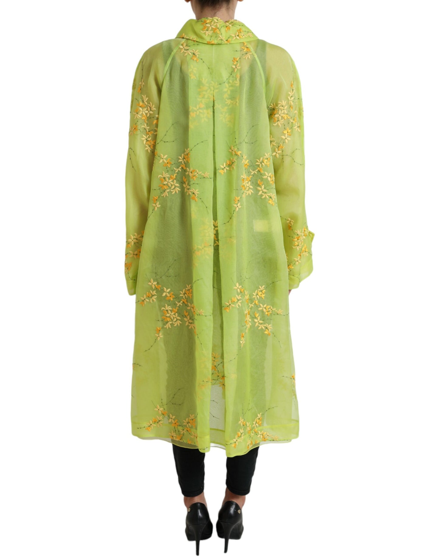 Dolce & Gabbana Green Silk Floral Embroidery Long Coat Jacket