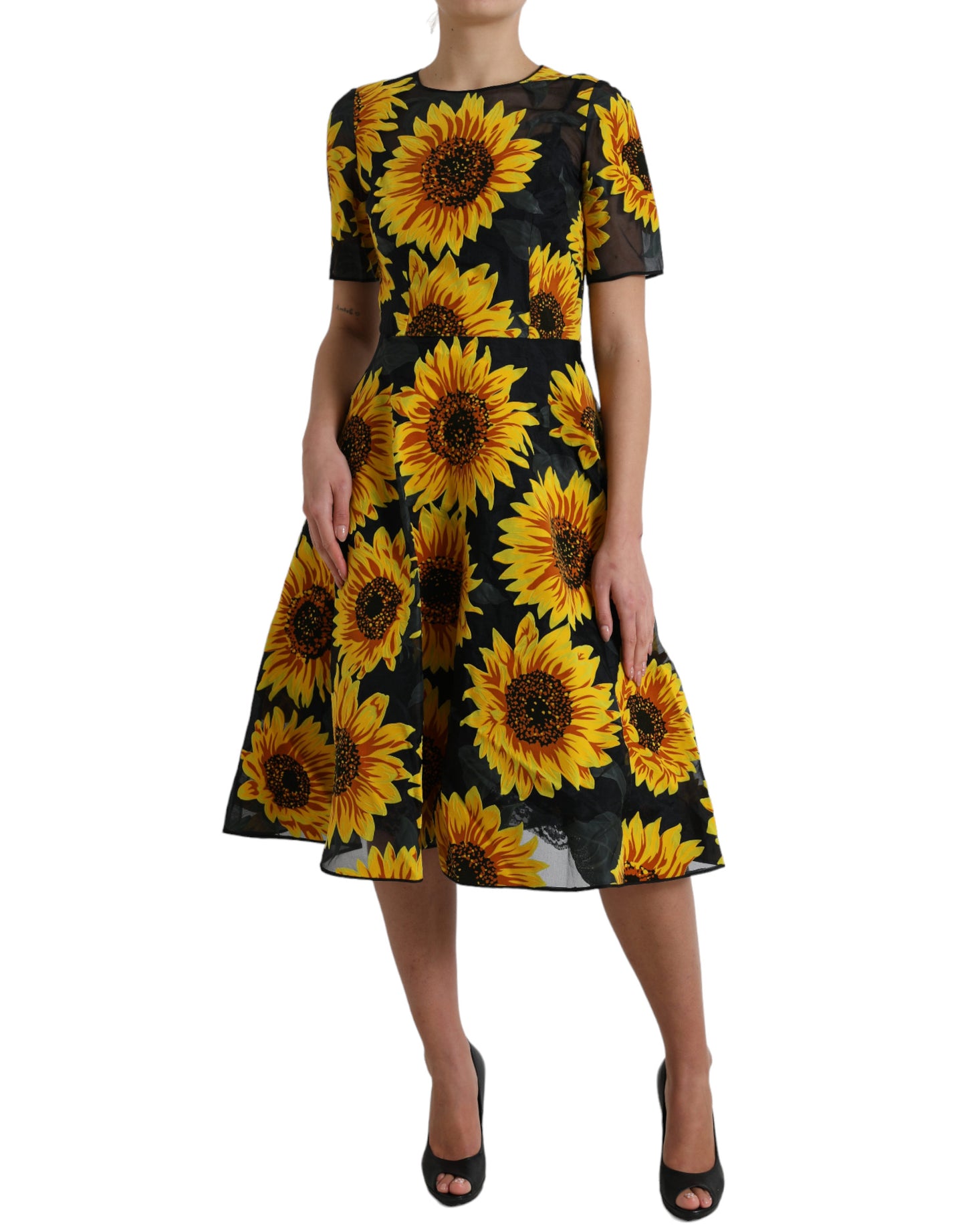 Dolce & Gabbana Black Sunflower Print Nylon A-line Midi Dress