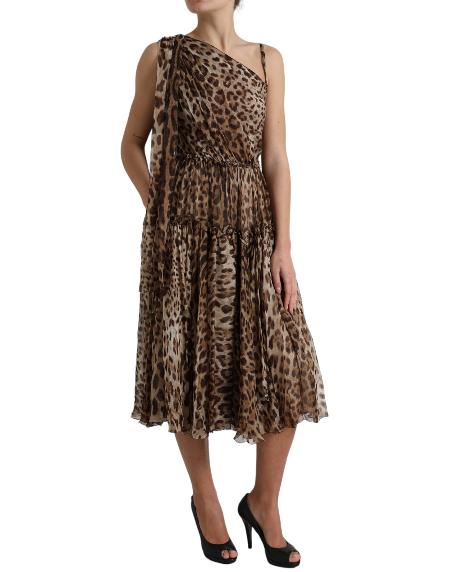 Dolce & Gabbana Brown Leopard Print Silk Ruffled Midi Dress