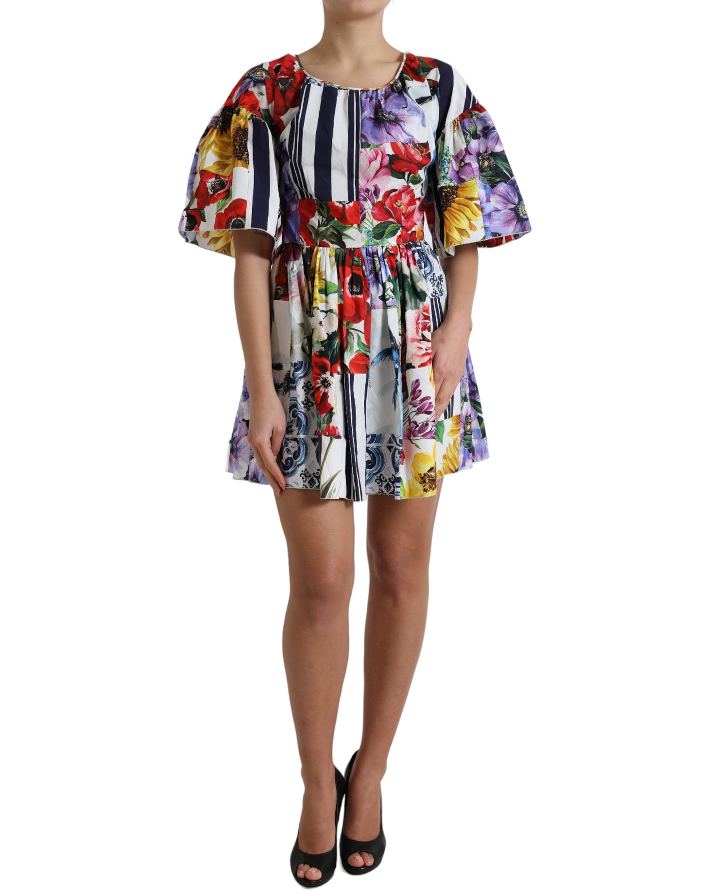 Dolce & Gabbana Multicolor Striped Floral Print Mini Dress