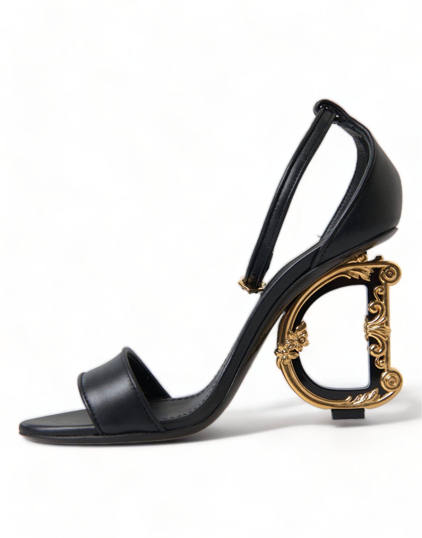 Dolce & Gabbana Black Leather Baroque DG Heel Sandals Shoes